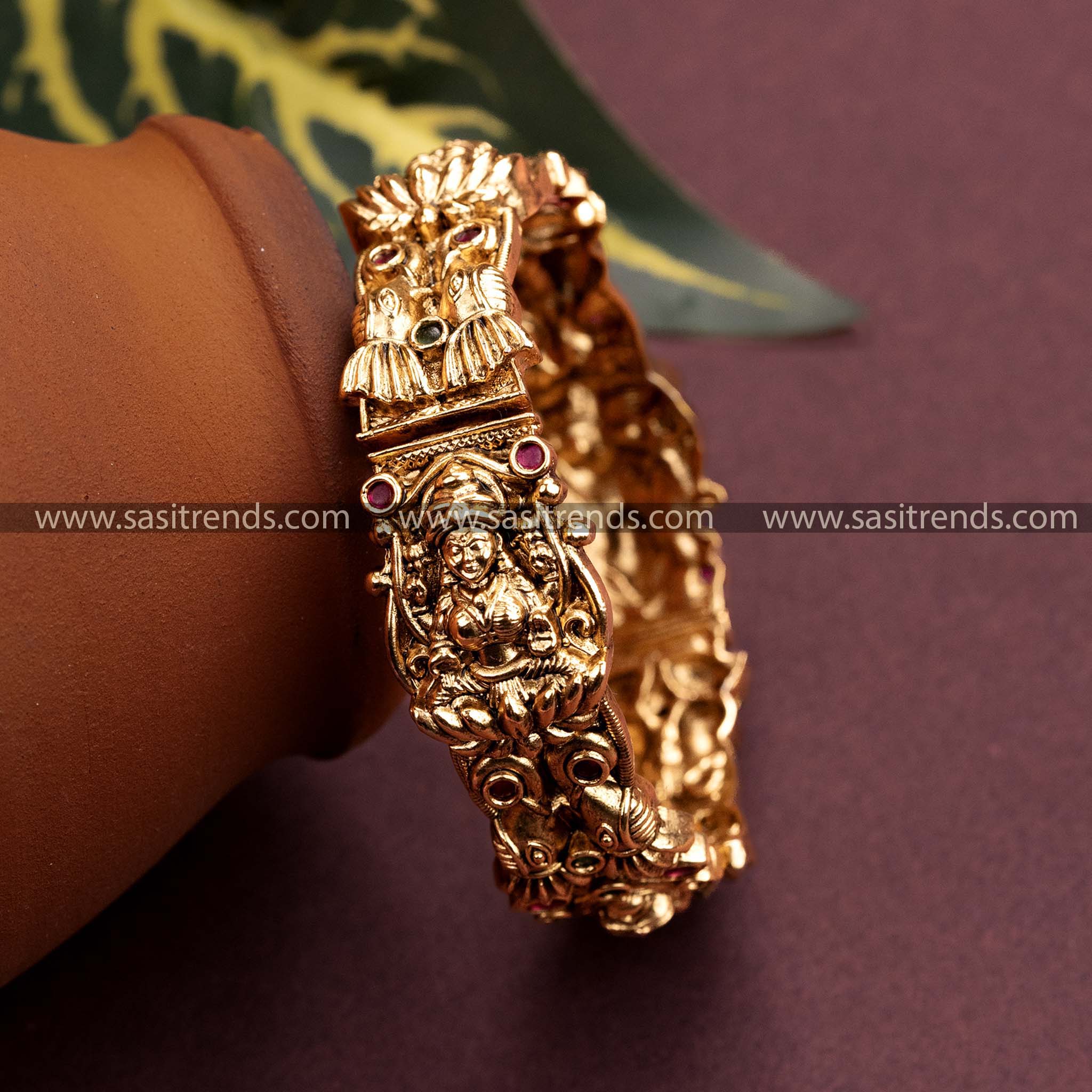 Ruby Green AD Lakshmi Peacock Matt Gold Plated Kada Bangle Sasitrends