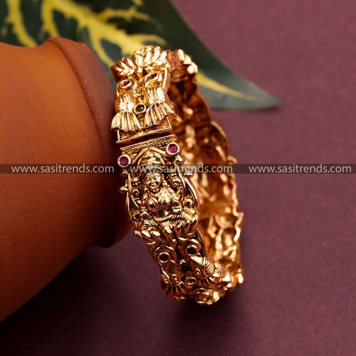 Ruby Green AD Lakshmi Peacock Matt Gold Plated Kada Bangle Sasitrends