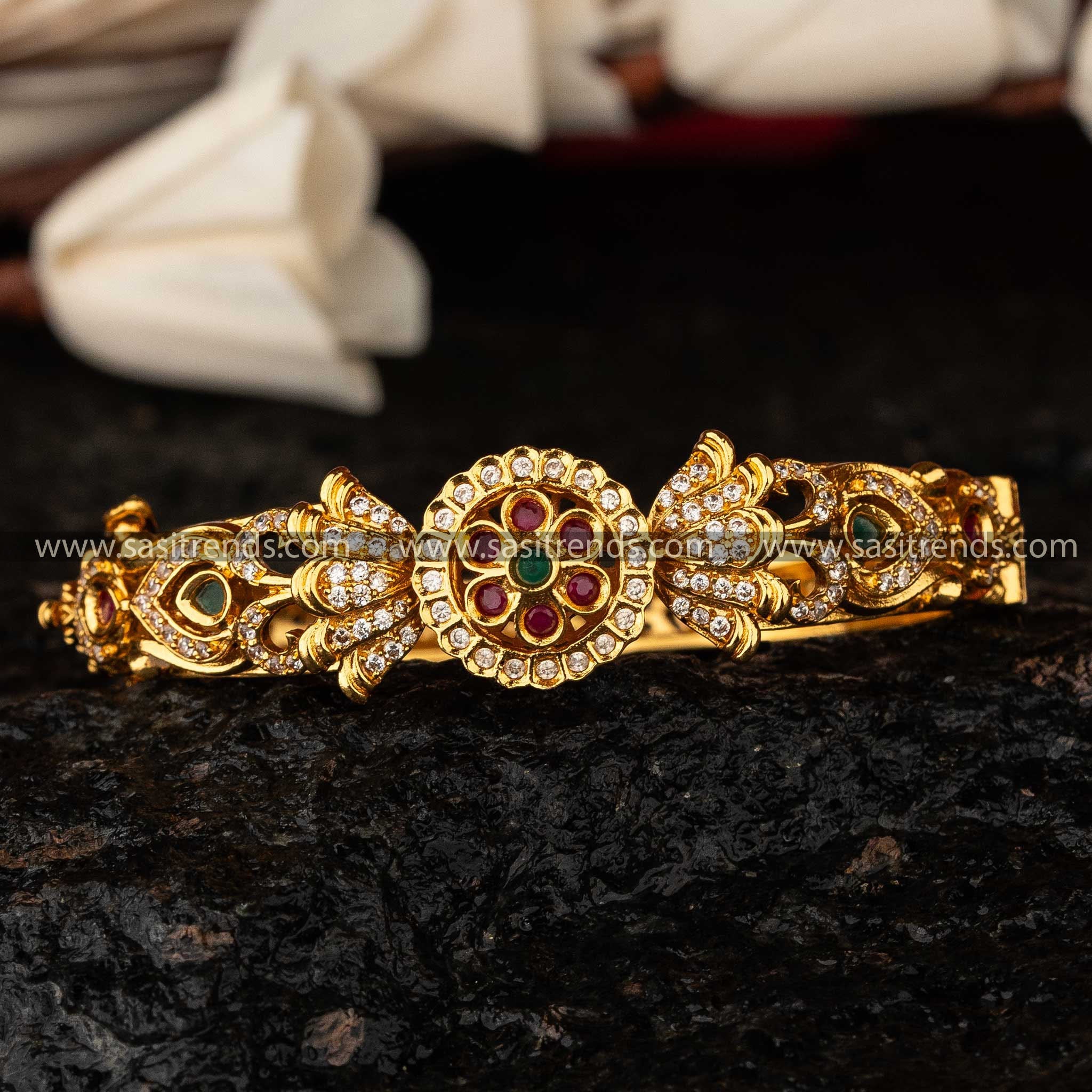 Matte Gold-Plated Sarang Kada with Floral AD Stone Design Sasitrends Online Shopping