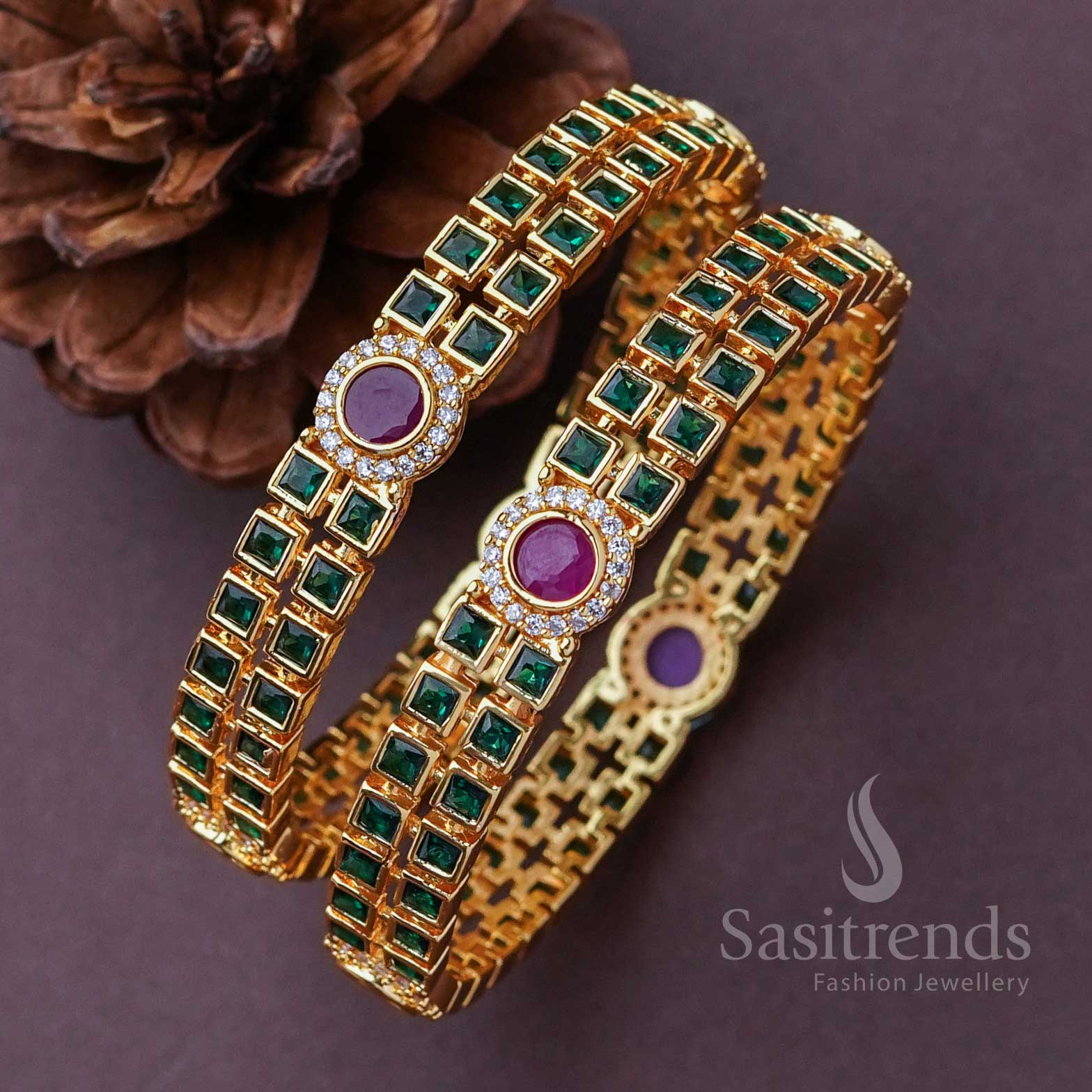 Attractive Micro Gold Plated Bangles with American Diamond Green Multi Stone Motifs – Stunning and Stylish Jewellery - Sasitrends