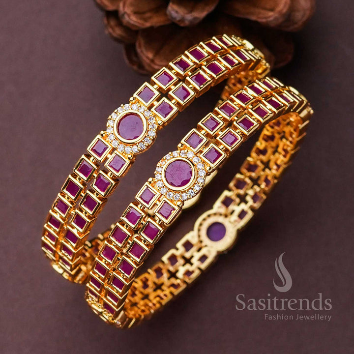 Gorgeous Micro Gold Plated Bangles with American Diamond Ruby White Stone Motifs – Elegant and Timeless Jewellery - Sasitrends