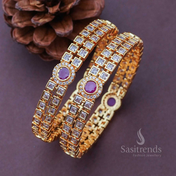 Stylish Micro Gold Plated Bangles with American Diamond White Ruby Stone Motifs – Designer and Trendy Jewellery - Sasitrends