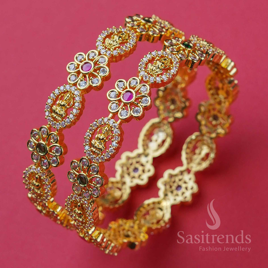 Lakshmi & Floral Motif Micro Gold Plated Bangles with Multi-Color Sparkling American Diamond Stones - Sasitrends