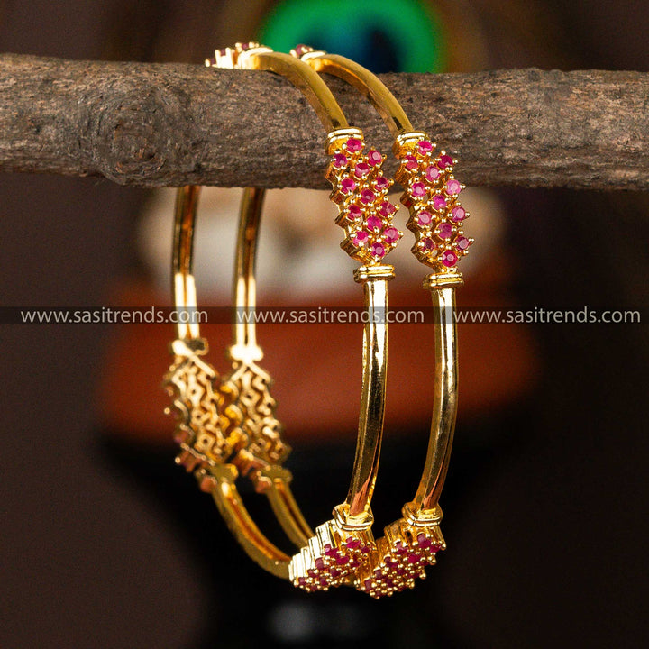 Traditional Guaranteed One Gram Micro Gold Plated Ruby AD Stone Studded Bangles