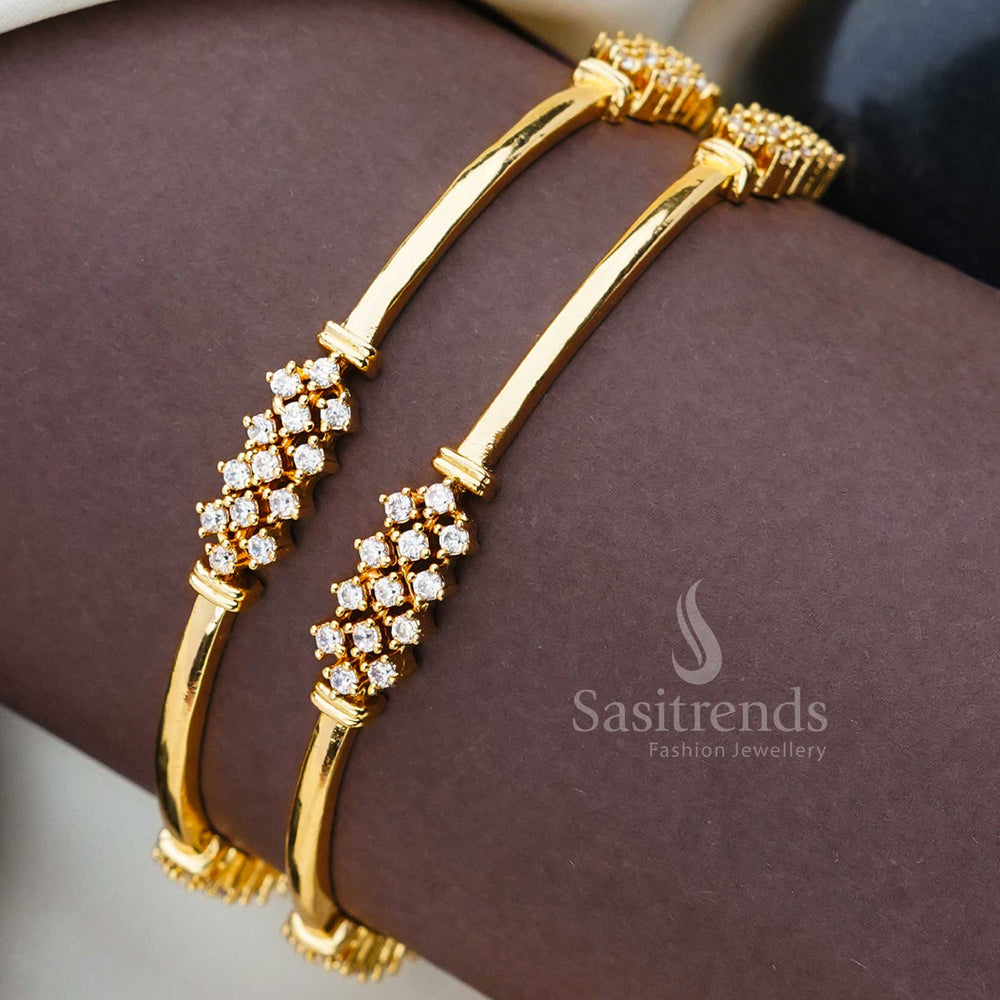 Gorgeous Traditional One Gram Micro Gold Plated American Diamond Bangles Pair with Elegant Interlaced White Stone Motifs - Sasitrends