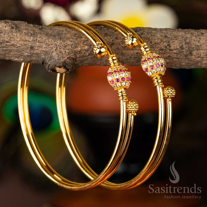 Elegant Two-Lined Bangles Pair | Micro Gold Plated | Latest American Diamond Stones Design