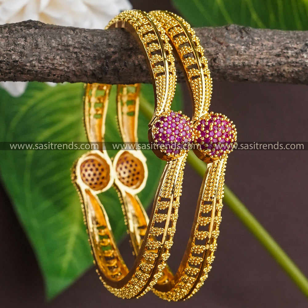 Traditional Bangle Pair  Ruby-Studded  Micro Gold Plated  Latest AD Stones