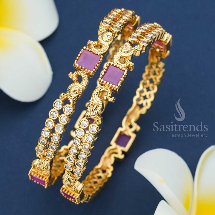 Exquisite Ruby Peacock AD Bangles - 1 Gram Micro Gold Plated | American Diamond Stones