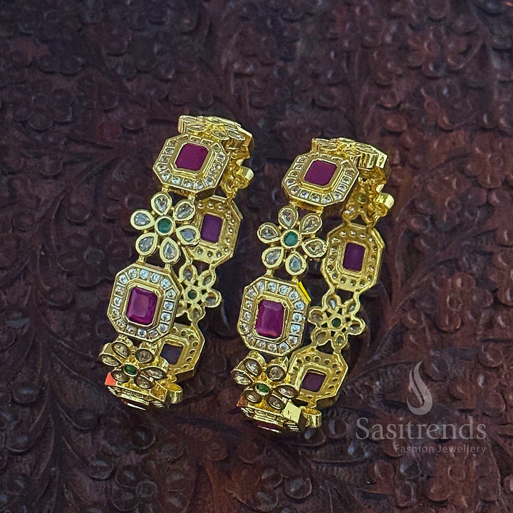 New Traditional Micro Gold Plated Bangles Pair with Flower and Ruby Motifs With American Diamond Stones