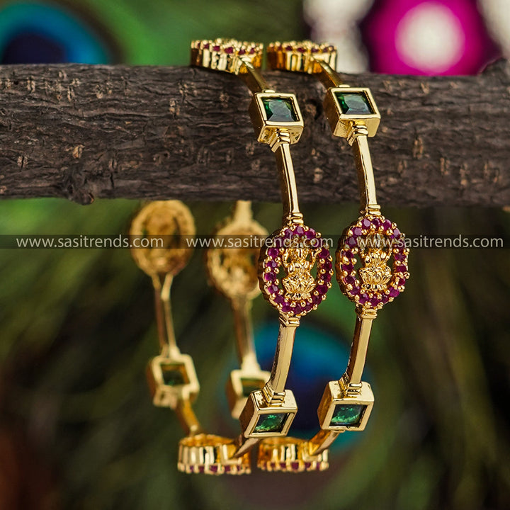 New Lakshmi Bangle Pair - Micro Gold Plated with AD Stones - Traditional Design for Women