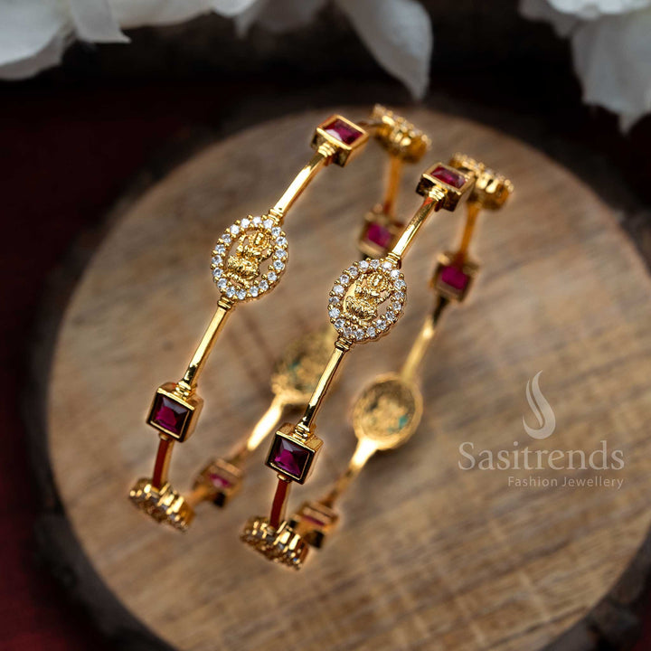  Stylish Micro Gold Plated Traditional Lakshmi Bangles Pair with Latest American Diamond White Ruby Stone Motifs  - Sasitrends