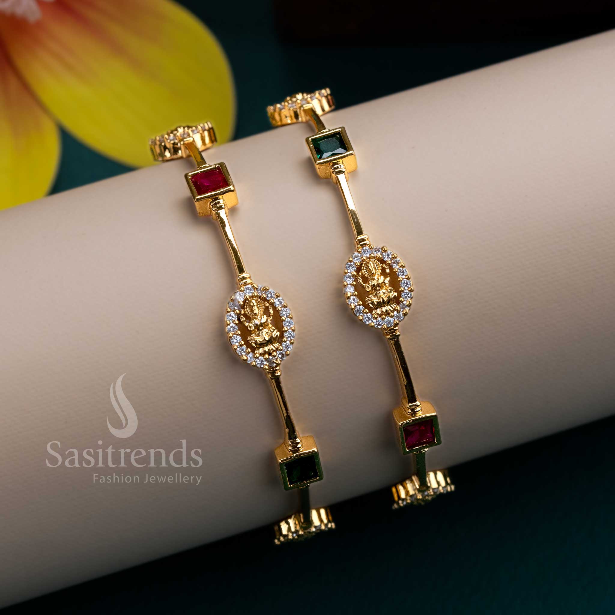 Amazing Micro Gold Plated Traditional Lakshmi Bangles Pair with Latest American Diamond multi Stone Motifs - Sasitrends