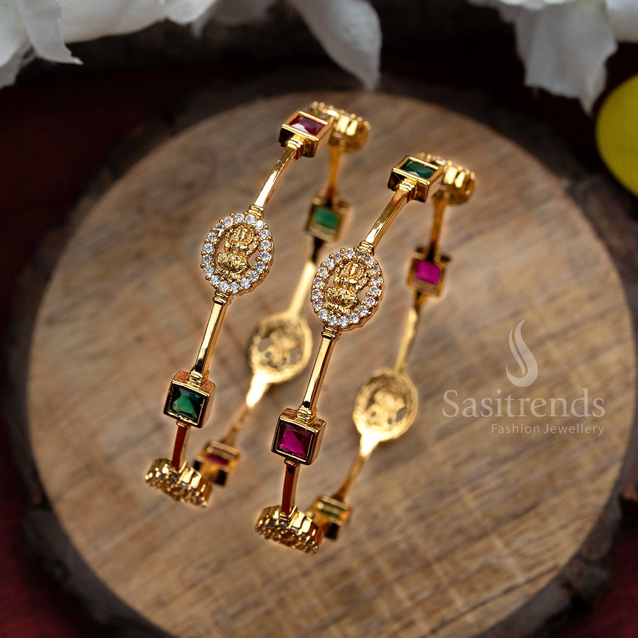 Amazing Traditional Lakshmi Bangles Pair – Micro Gold Plated with Latest American Diamond Multi Stone Motifs, Exquisite and Elegant Jewellery - Sasitrends