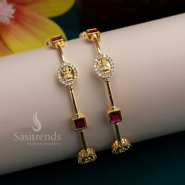 Attractive Traditional Lakshmi Bangles Pair – Micro Gold Plated with Latest American Diamond White Ruby Stone Motifs - Sasitrends