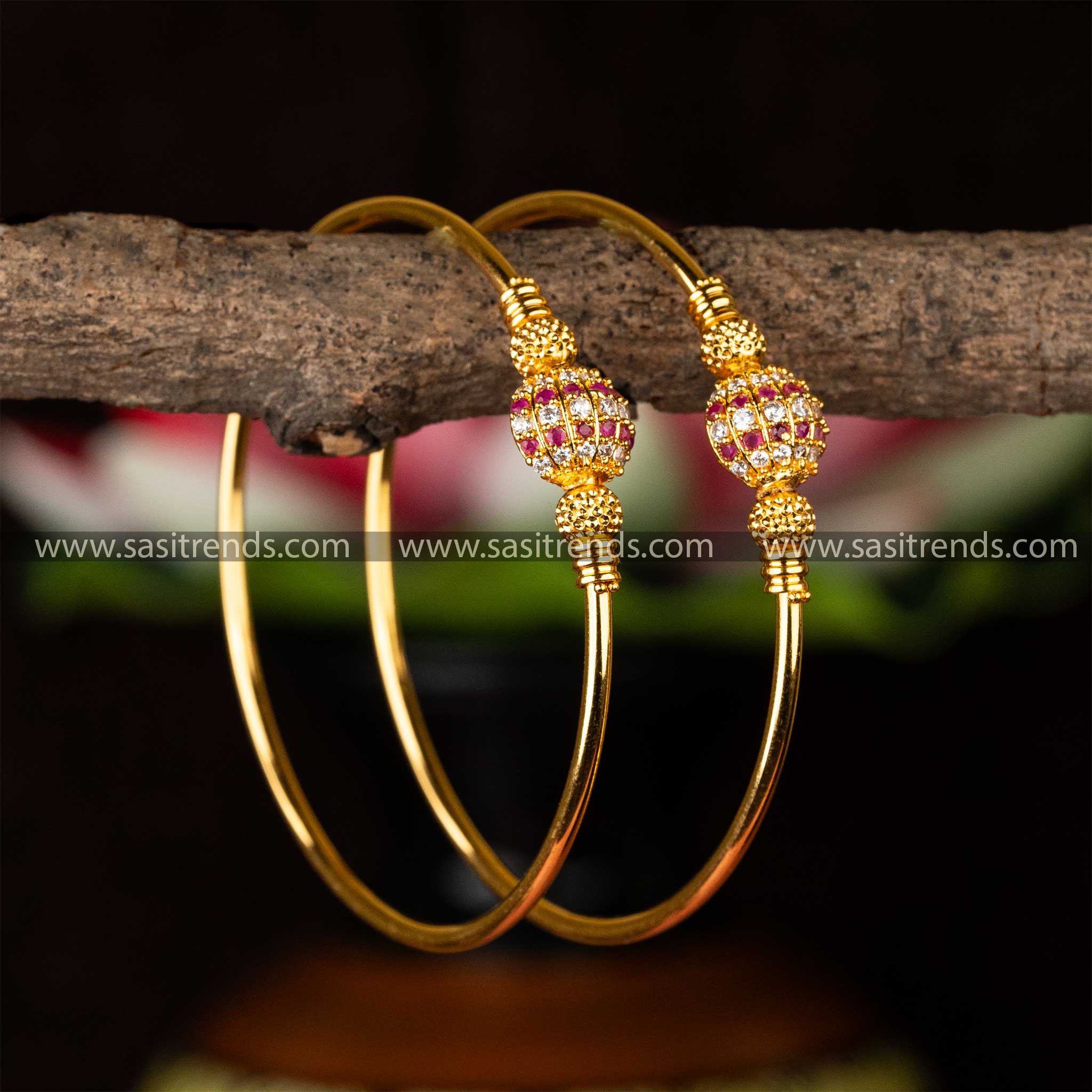 Attractive Micro Gold Plated-Guaranteed Ball Shaped White Ruby AD Stone Studded Pair Bangles Sasitrends Online Shopping