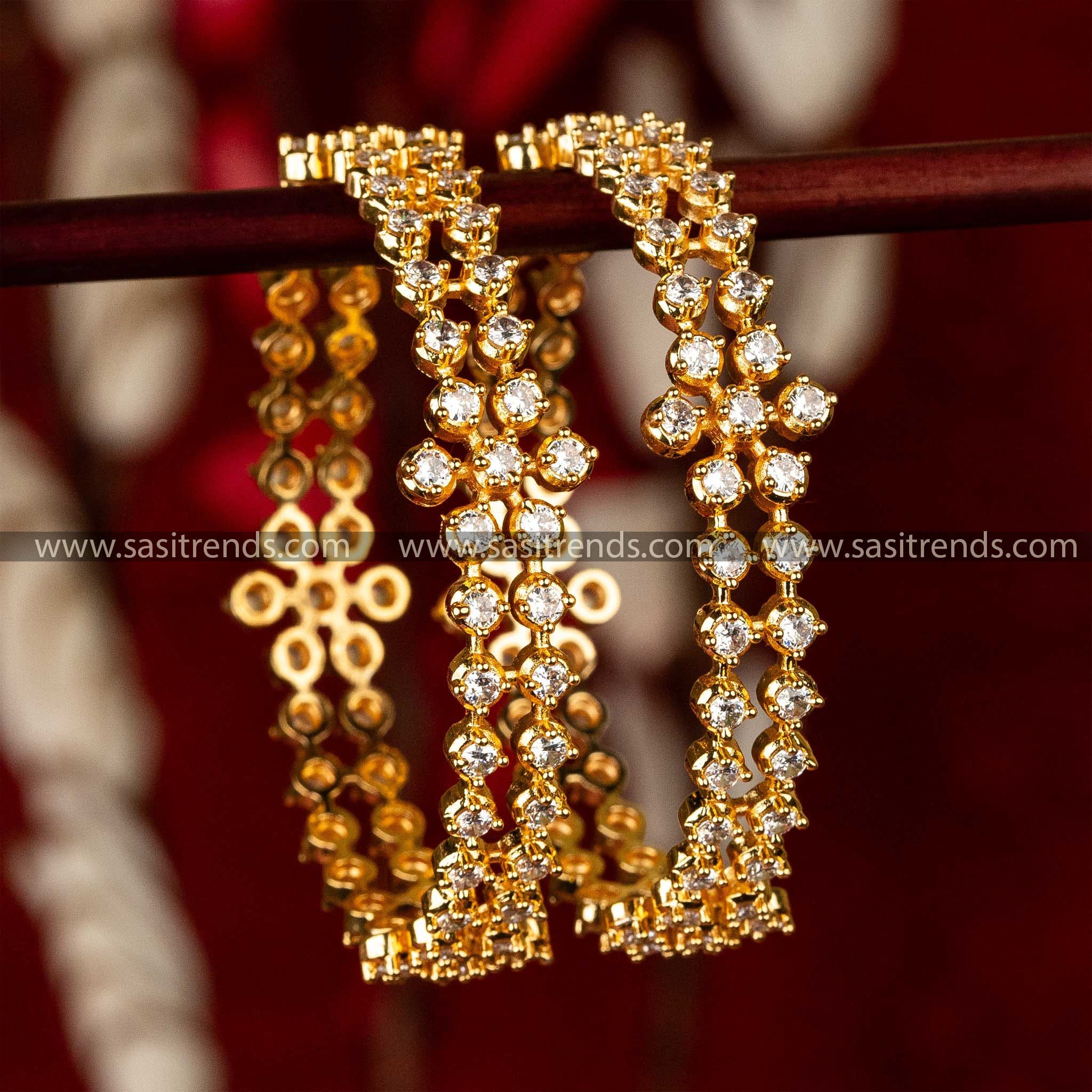 Traditional Wear Micro Gold Plated Flower Designer White AD Stone Bangles Sasitrends 