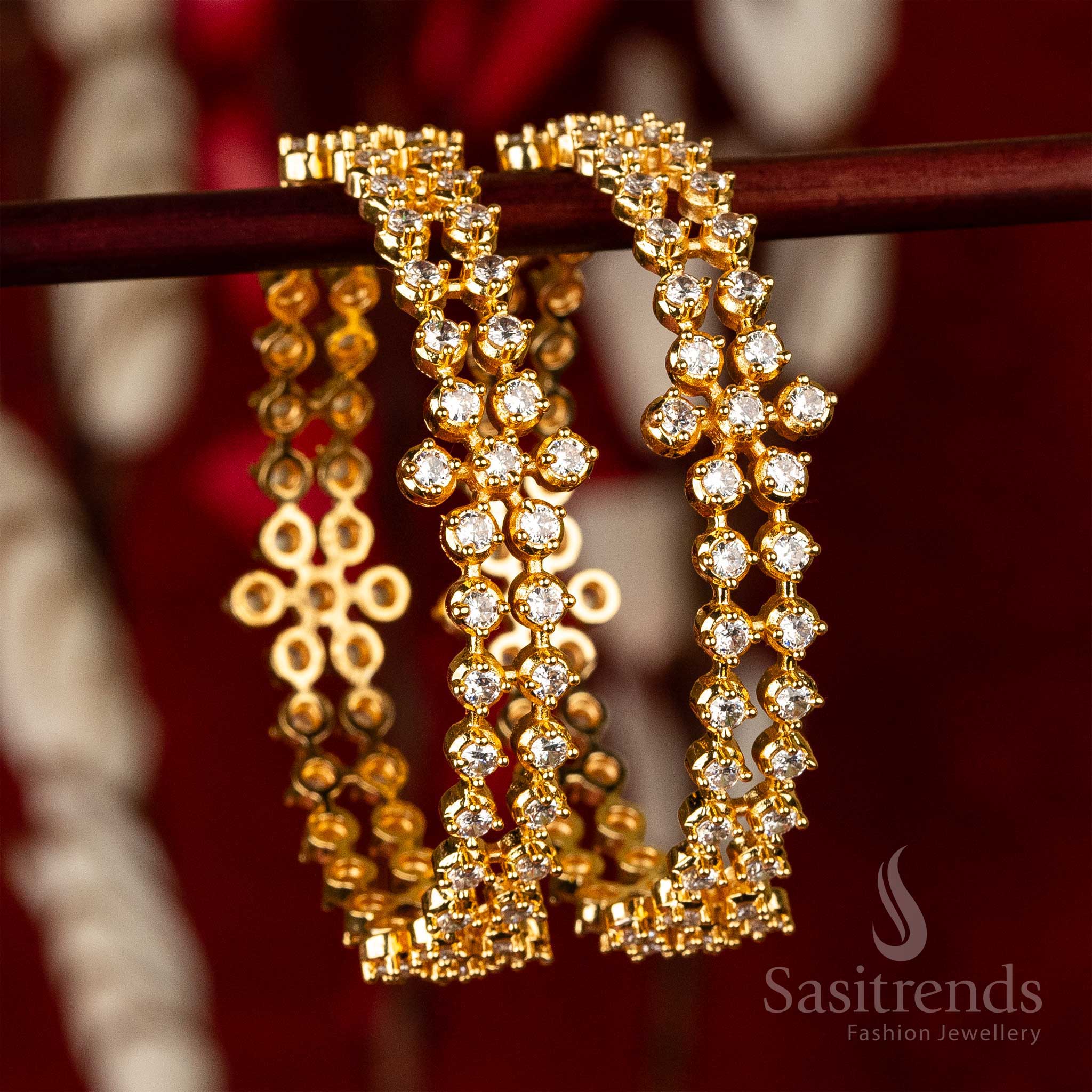 Gorgeous Micro Gold Plated Majestic Trendy Floral Bangles with American Diamond White Stone Motifs - Sasitrends