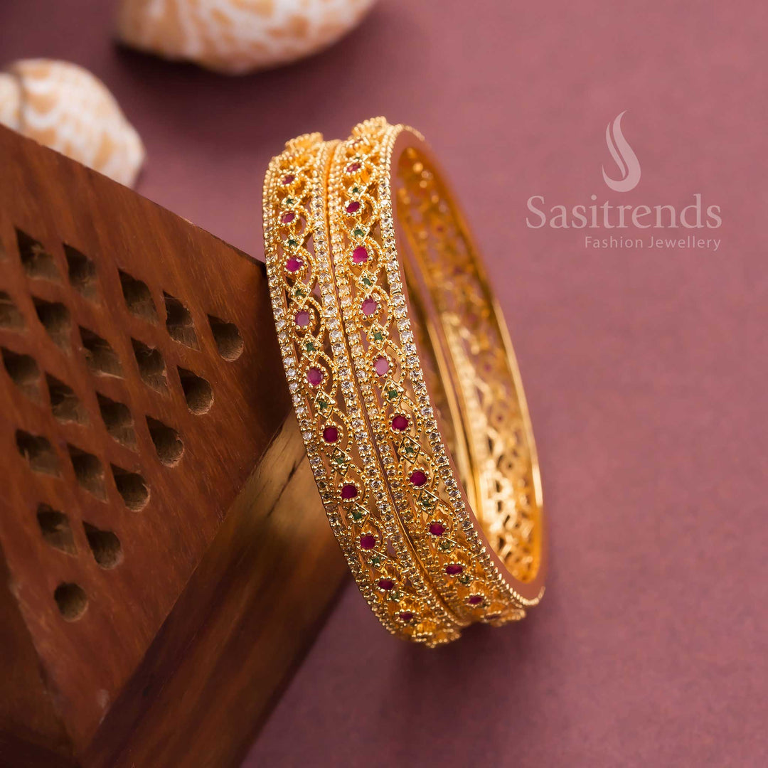 Amazing Gorgeous Micro Gold Plated Bangles with Leaf Pattern and American Diamond Multi Stone Motifs – Exquisite and Elegant Jewellery - Sasitrends