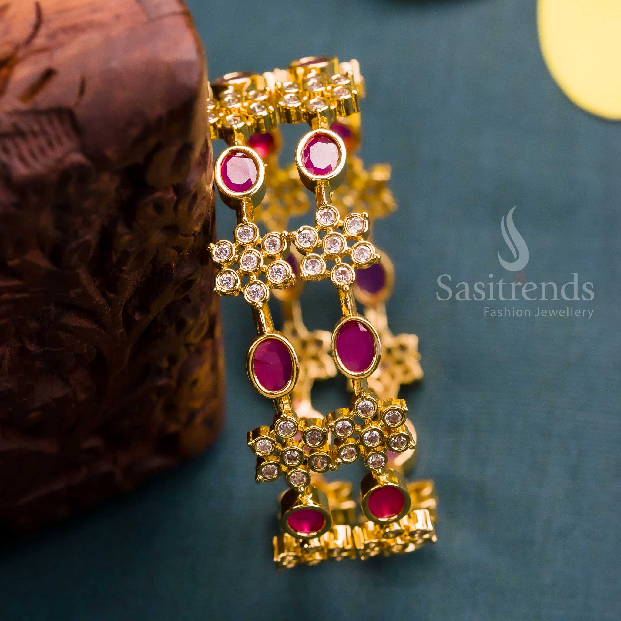 Gorgeous Majestic Trendy Micro Gold Plated Floral Bangles with American Diamond White Ruby Stone Motifs – Stunning and Stylish Jewellery - Sasitrends