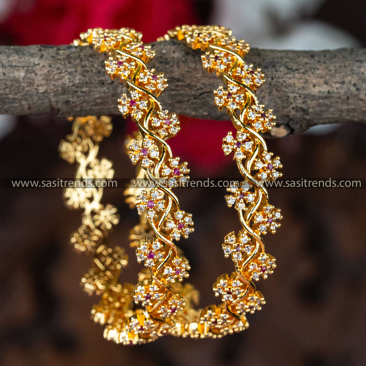 Elegant Micro Gold Plated White American Diamond Stones Bangles with Ruby Floral Center - Perfect for Diwali Collections!