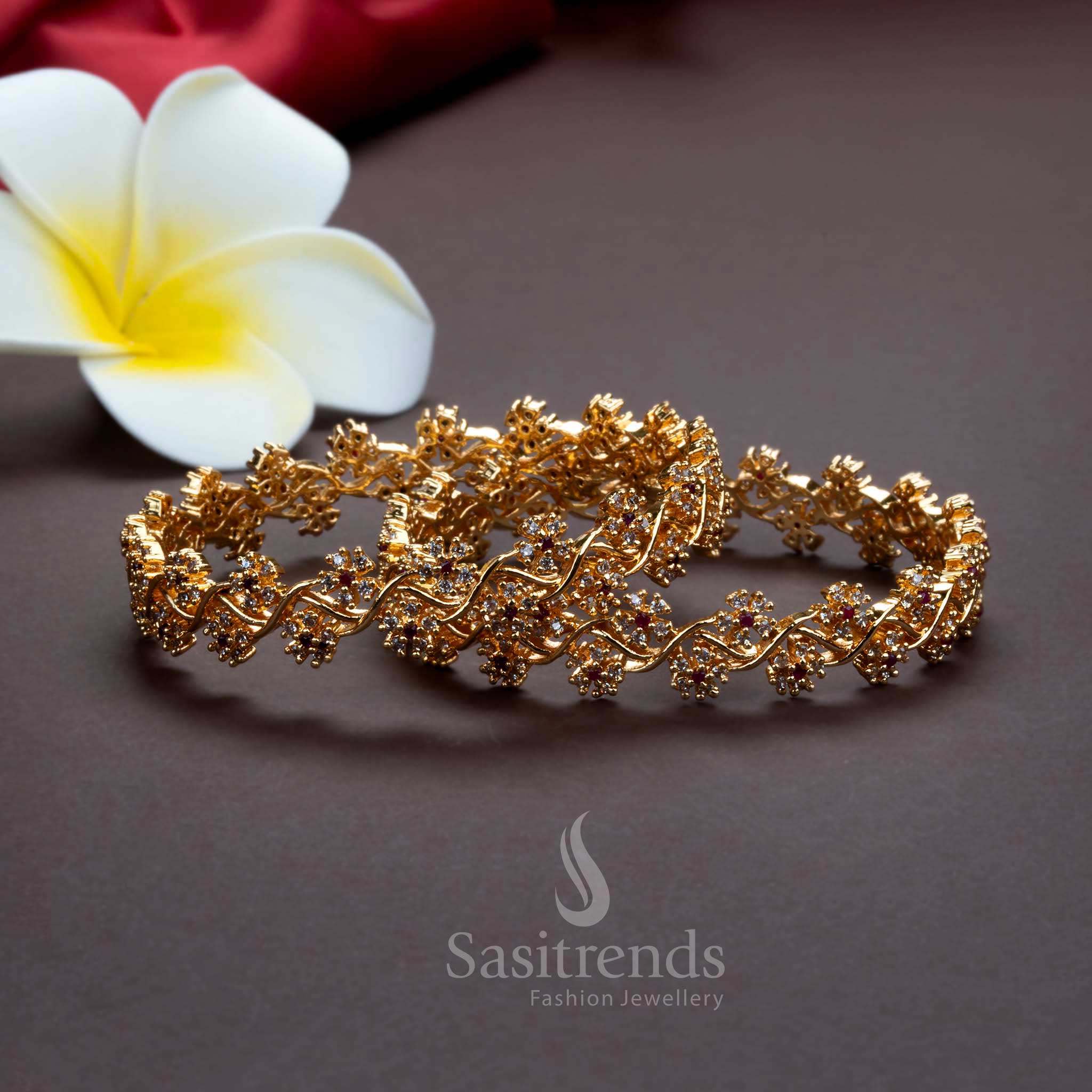 Attractive Micro Gold Plated Bangles with Elegant White American Diamond Stones and Ruby Floral Center  - Sasitrends