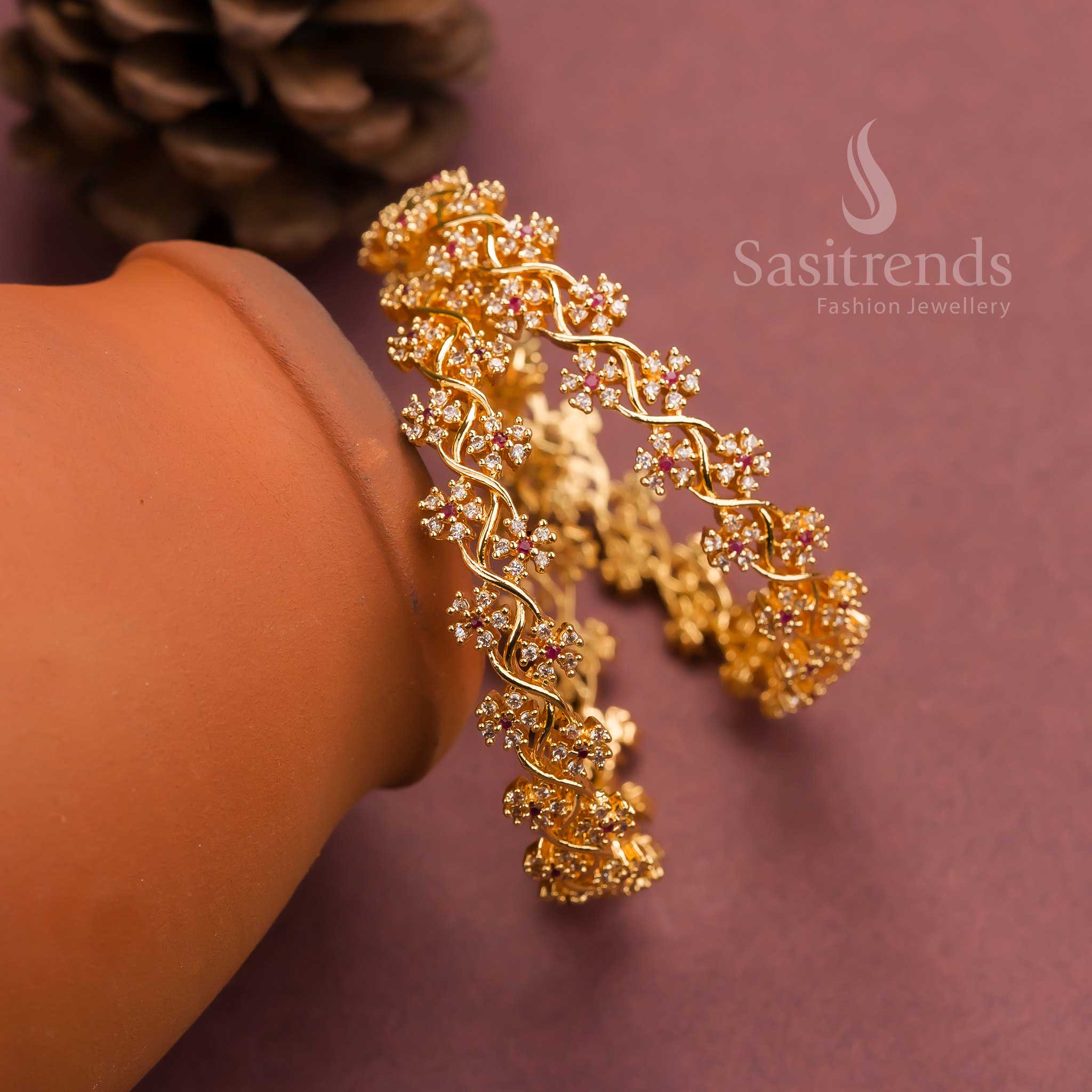 Gorgeous Elegant Micro Gold Plated Bangles with White American Diamond Stones and Ruby Floral Center - Sasitrends