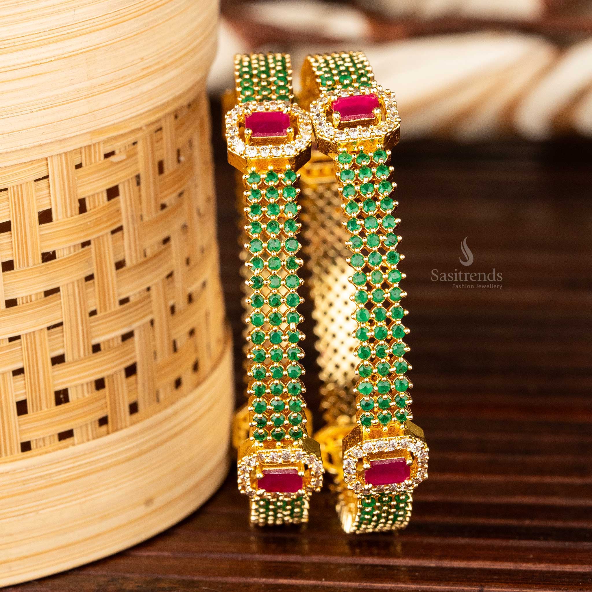 Latest guaranteed micro gold plated green multi ad stone stud bangles sasitrends