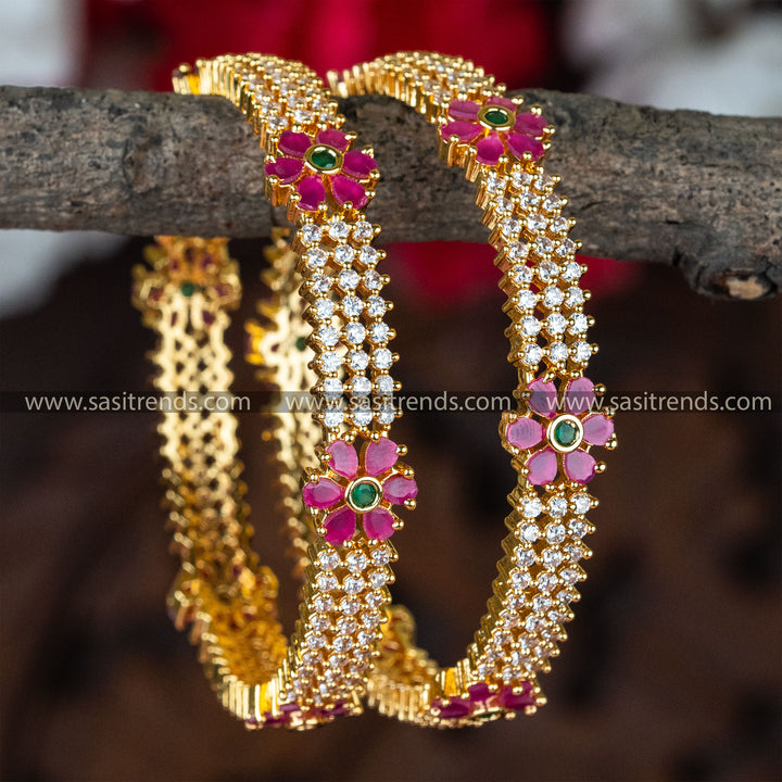 Latest Wedding Wear: Micro Gold Plated White AD Bangles with Multi-Color American Diamond Stones