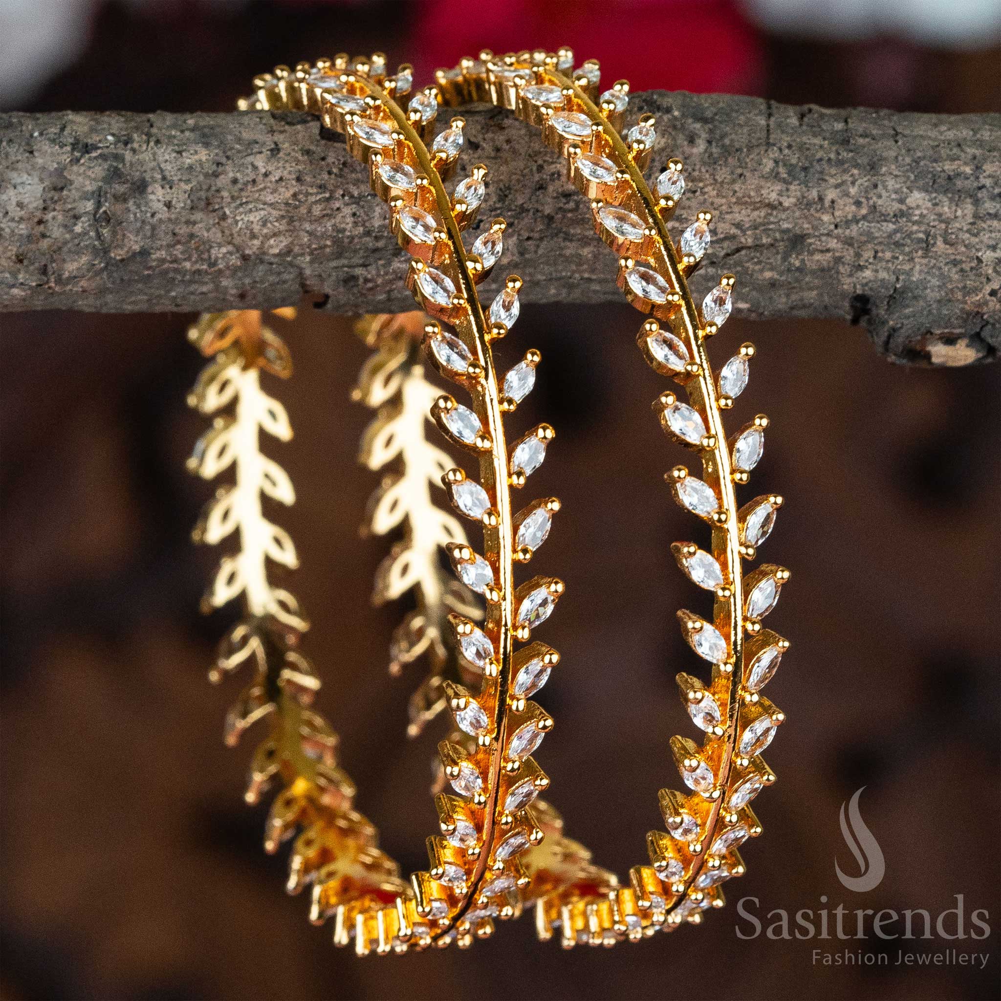 Beautiful Elegant Traditional Micro Gold Finished White AD Bangles with Leaf Shaped American Diamonds - Sasitrends