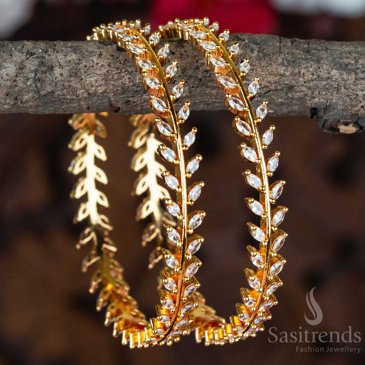 Elegant Traditional Micro Gold Finished White AD Bangles with Leaf Shaped American Diamonds