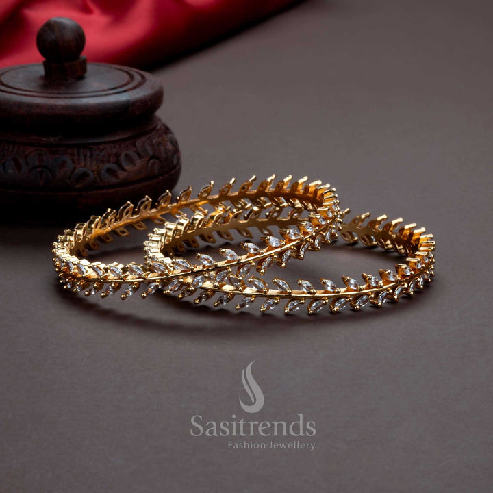 Traditional Micro Gold Finished White AD Bangles with Leaf Shaped American Diamonds - Sasitrends