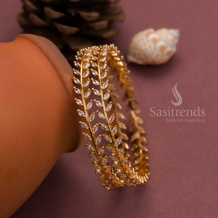 Micro Gold Finished White AD Bangles with Leaf Shaped American Diamonds  - Sasitrends