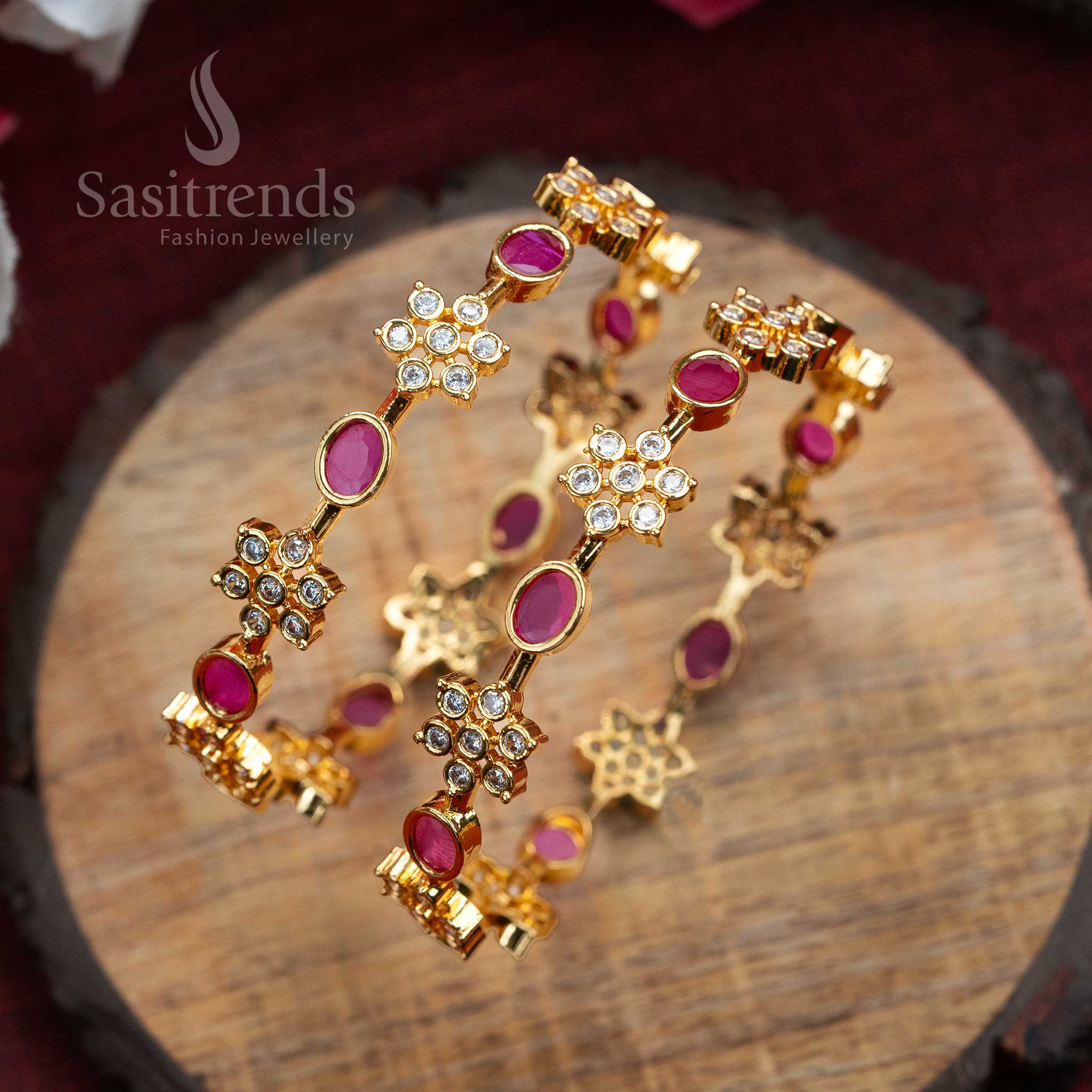 Trendy Micro Gold Plated Floral Bangles with American Diamond White Ruby Stone Motifs – Exquisite and Elegant Jewellery - Sasitrends