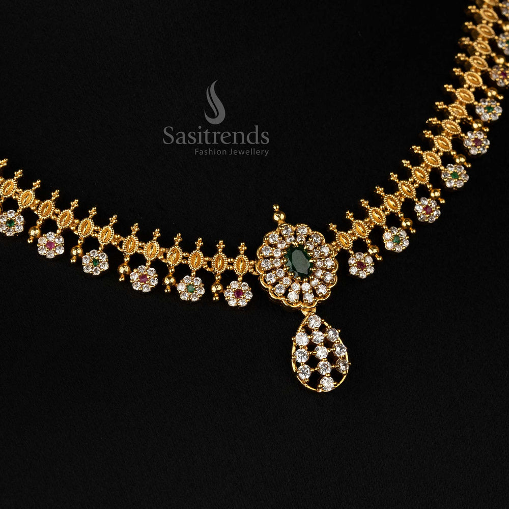 Traditional temple-style necklace set in matte gold with multicolor stones - Sasitrends