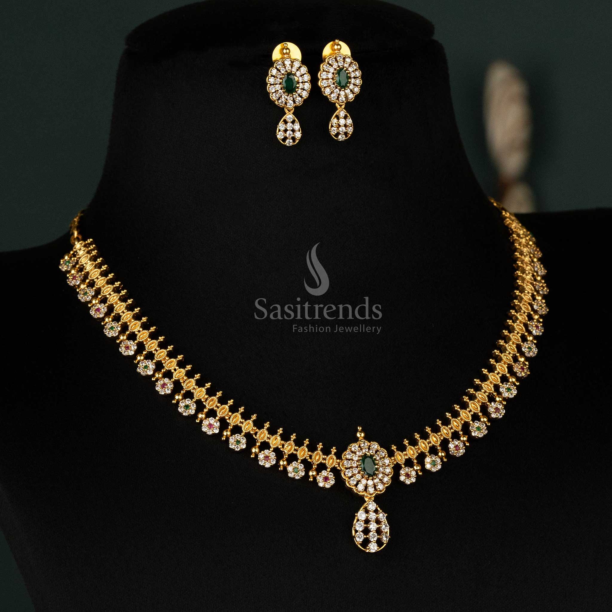 Matte gold necklace set with multicolor American diamond stones in a temple jewelry design - Sasitrends