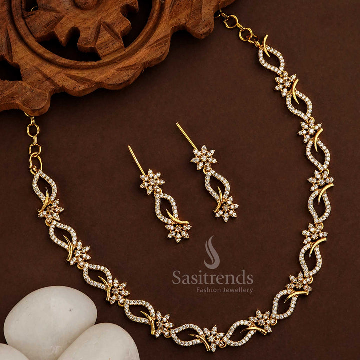 Trendy Matte Gold Plated American Diamond Floral Design American Diamond Jewellery Set for Women | Sasitrends