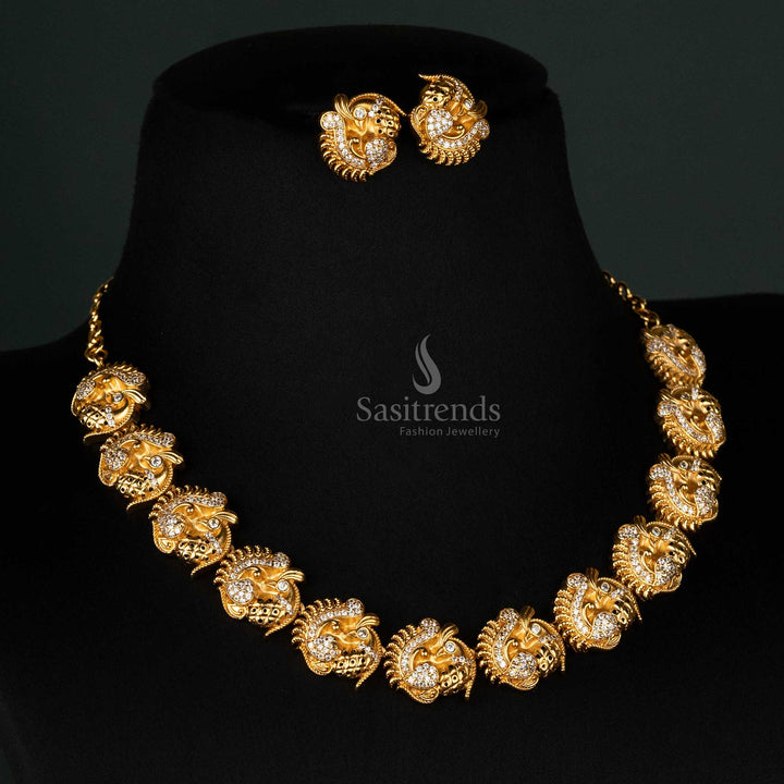 Regal matte gold plated temple necklace jewellery set featuring a series of elegant peacock motifs adorned with AD stones - Sasitrends