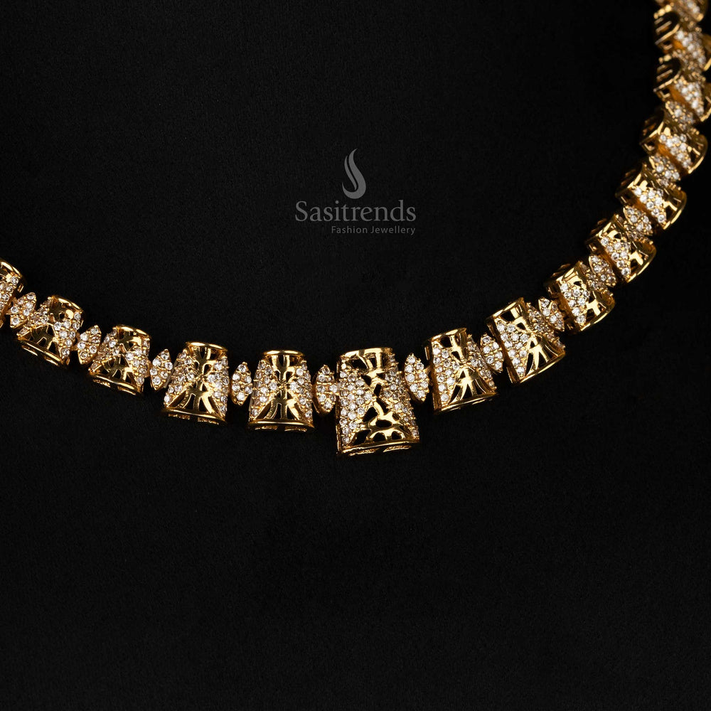 Elegant cone-shaped necklace set with matte gold finish and dazzling stones - Sasitrends