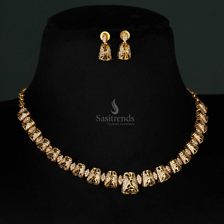 Premium Matte Gold-Plated American Diamond Jewellery Set with Intricate Cone Design- Sasitrends