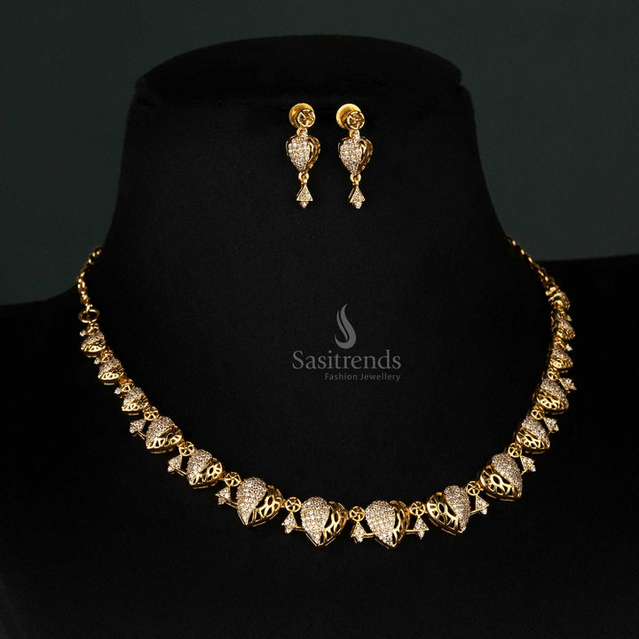 Premium Matte Gold-Plated American Diamond Jewellery Set with Heart Motif Design – Perfect for Weddings and Festive Occasions- Sasitrends