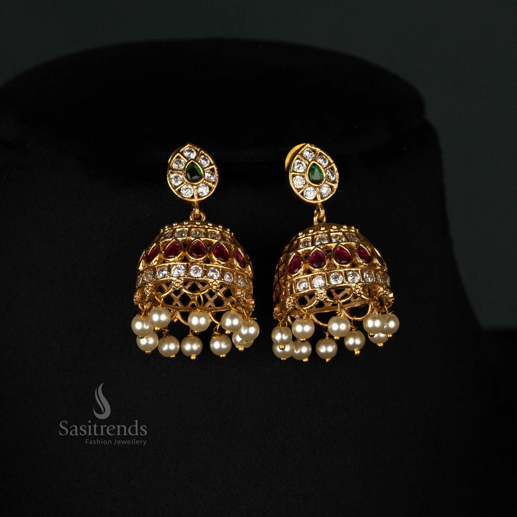 Teardrop motif necklace set with dome-shaped jhumka earrings and pearls - Sasitrends