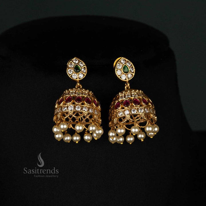 Teardrop motif necklace set with dome-shaped jhumka earrings and pearls - Sasitrends