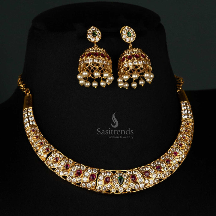 Ruby-green and AD-studded necklace set with matte gold finish and jhumkas - Sasitrends