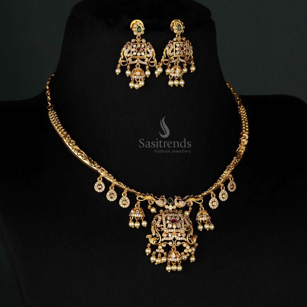 Temple-style necklace with matte gold finish and peacock motif pendant - Sasitrends