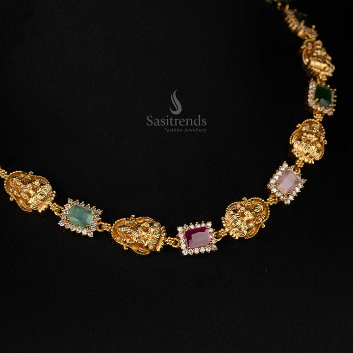 Traditional necklace set featuring Lakshmi motifs and AD stones multi color - Sasitrends