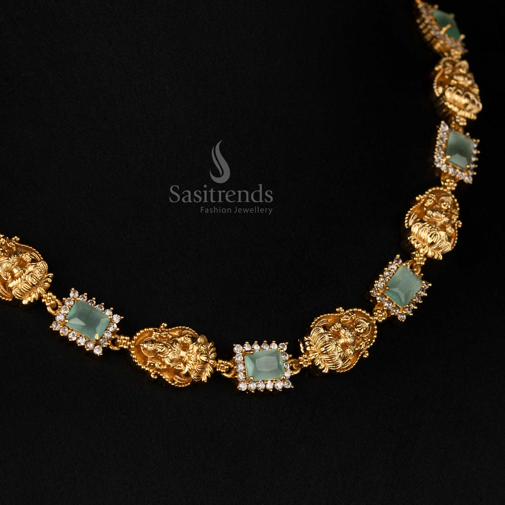 Temple-style matte gold-plated necklace with matching Lakshmi motif  jwellery Set - Sasitrends