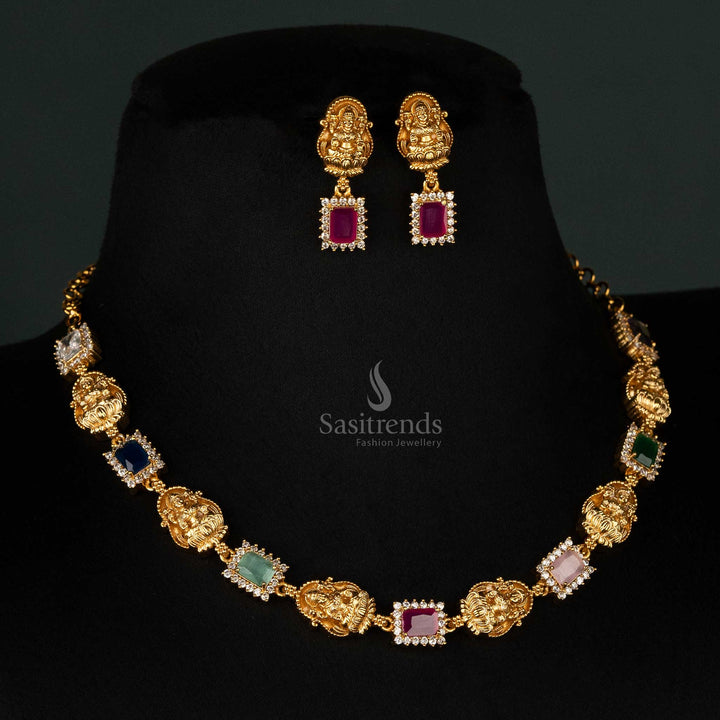 Premium Matte Gold-Plated Temple Necklace Jewellery Set with Lakshmi Motif, American Diamond Stones, and Multi-Colored Gem Accents - Sasitrends