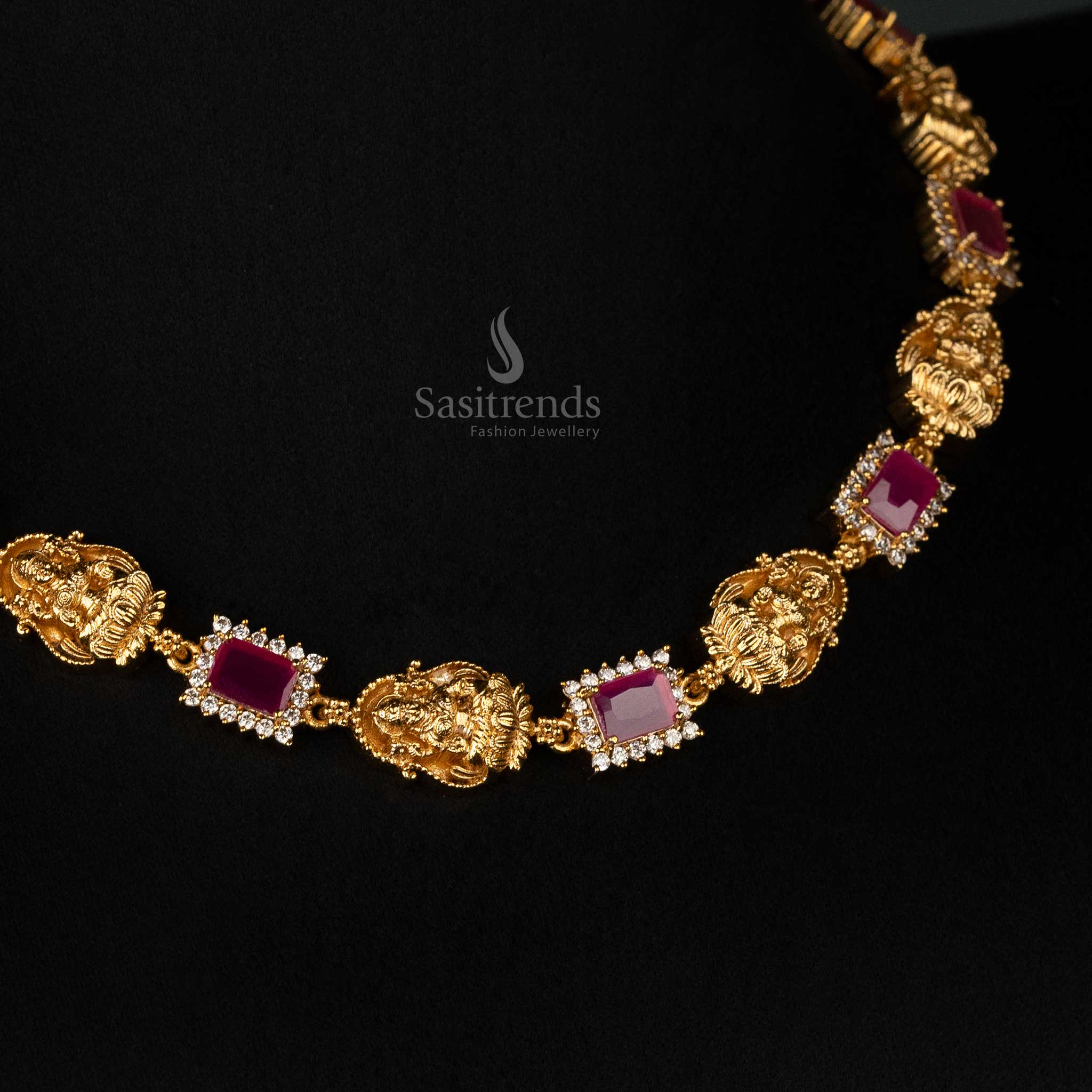 Traditional necklace set featuring Lakshmi motifs and AD stones - Sasitrends