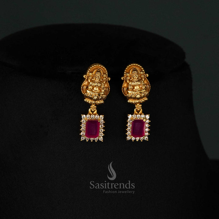 Temple-style matte gold-plated necklace with matching Lakshmi motif ruby earrings - Sasitrends