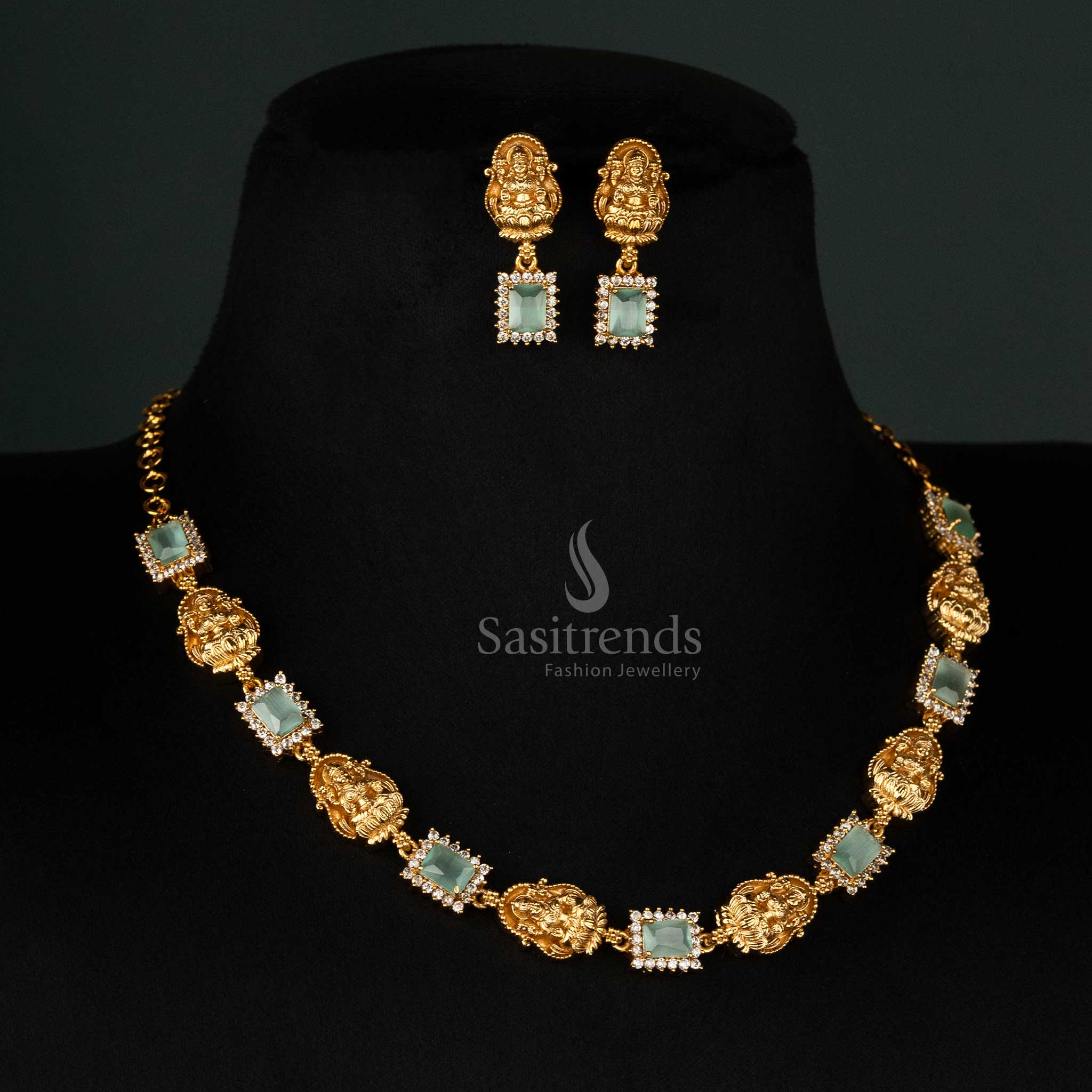 Temple-style matte gold-plated necklace with matching Lakshmi motif  jwellery Set - Sasitrends